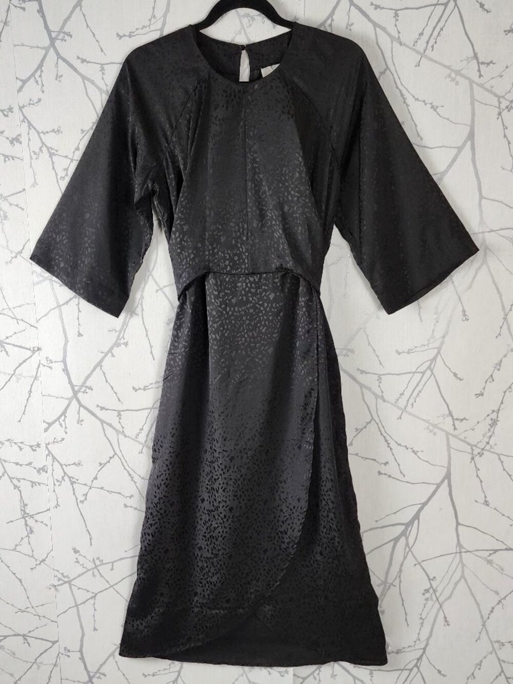 Vila Black Satin Jacquard Tulip Hem Viliva 3/4 Length Sleeve Midi Dress